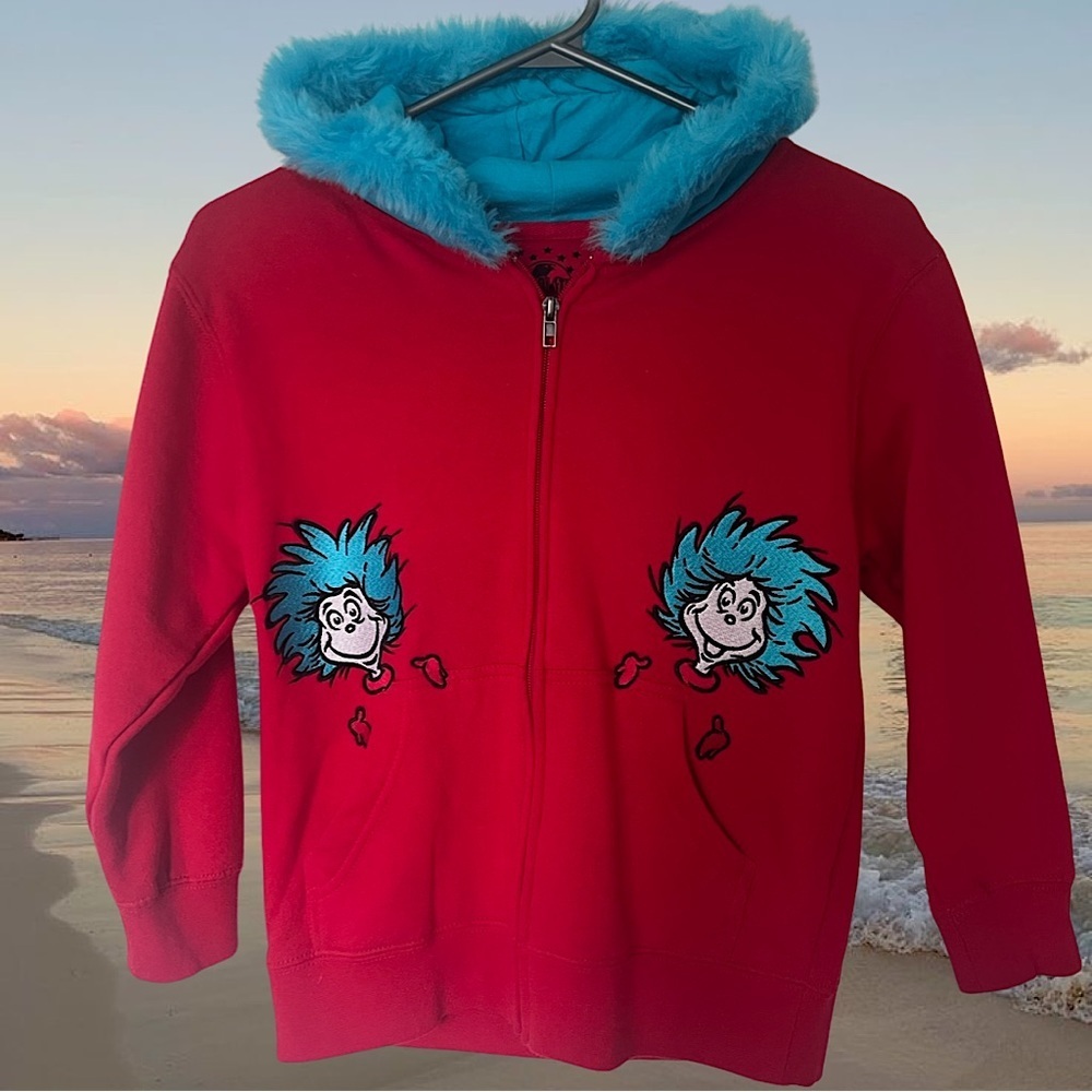 Universal studios thing 2 sweater hoodie zip up fur doctor Seuss cat in the hat